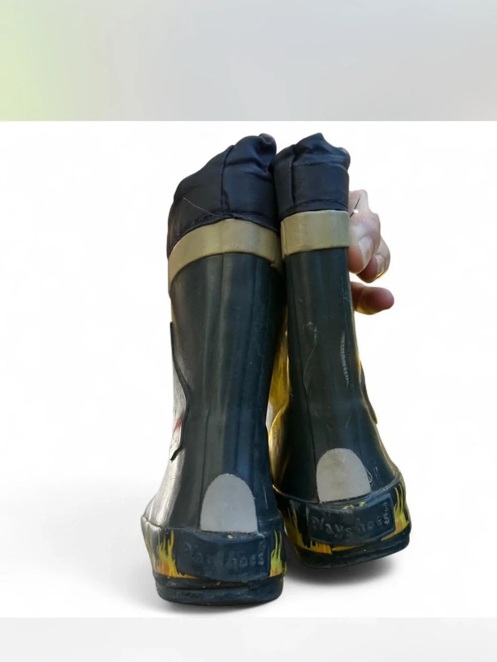Kids Black Fire Truck Rain Boots with Yellow Flame Trim